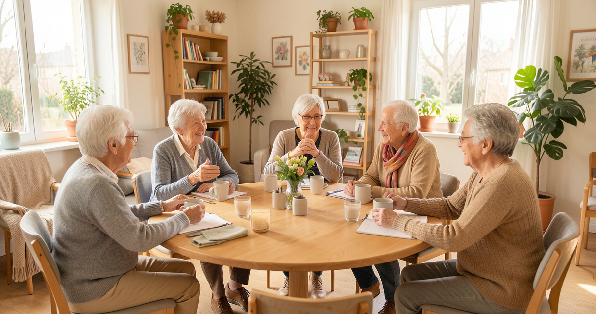 Seniors échangeant dans un espace commun d’habitat inclusif