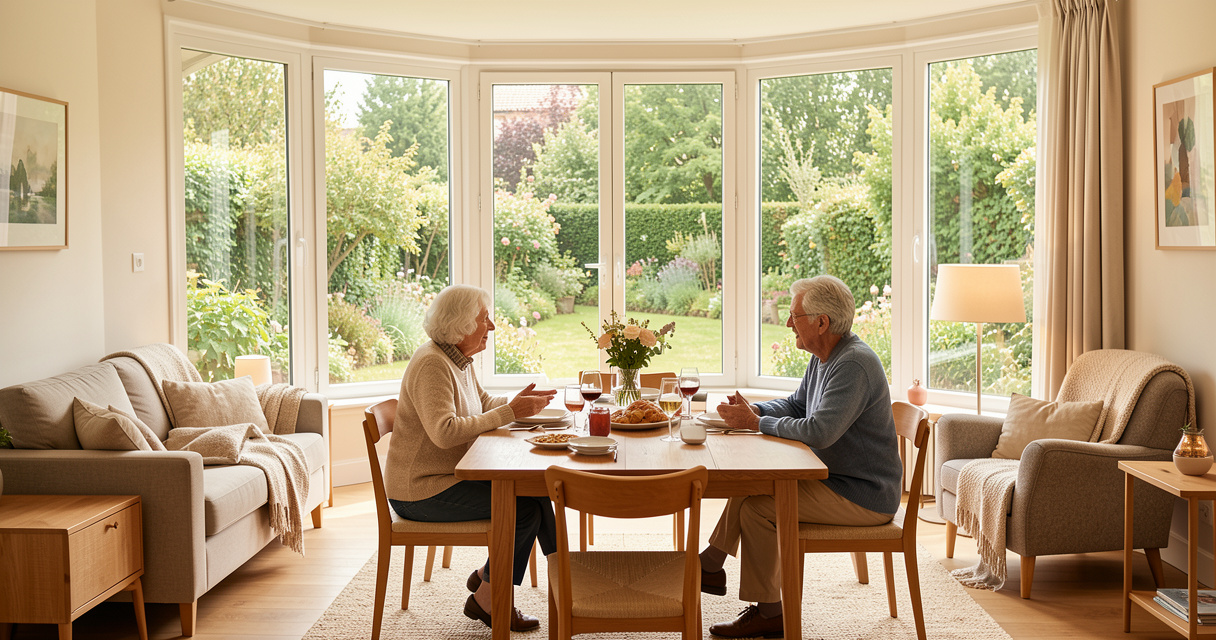 Des seniors partageant un moment convivial dans les espaces communs d'un habitat inclusif chaleureux et lumineux.