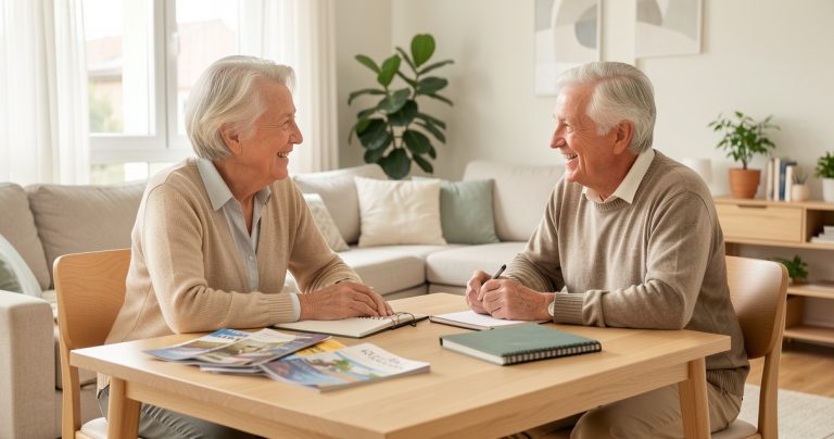 Couple de personnes âgées comparant un projet de résidence senior ou maintien à domicile dans un salon lumineux