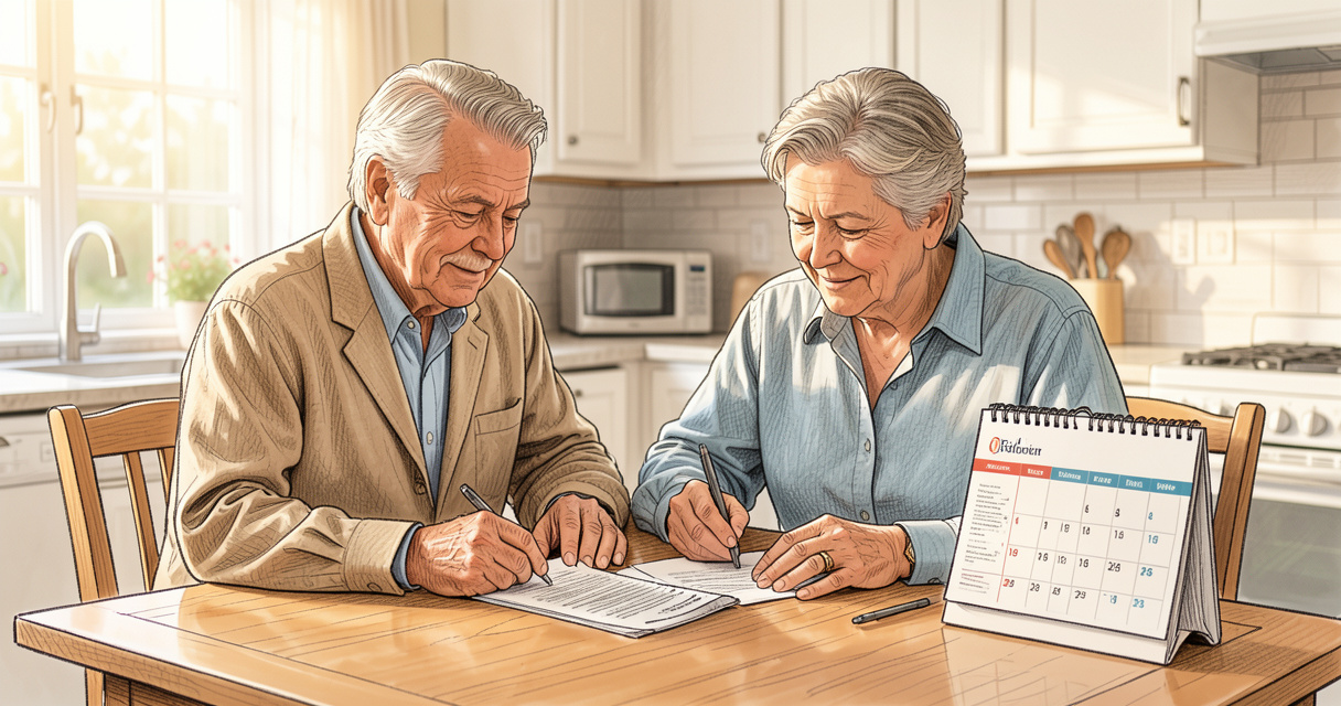 Couple senior préparant sa demande de retraite avec un calendrier